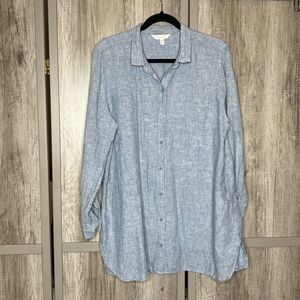 Garnet Hill Linen Tunic Shirt Size L Petite Button Up European Flax Blue
